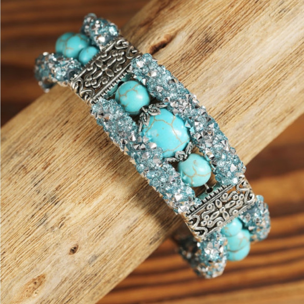 New! Western Turquoise Beads Rhinestone Carved Bracelet